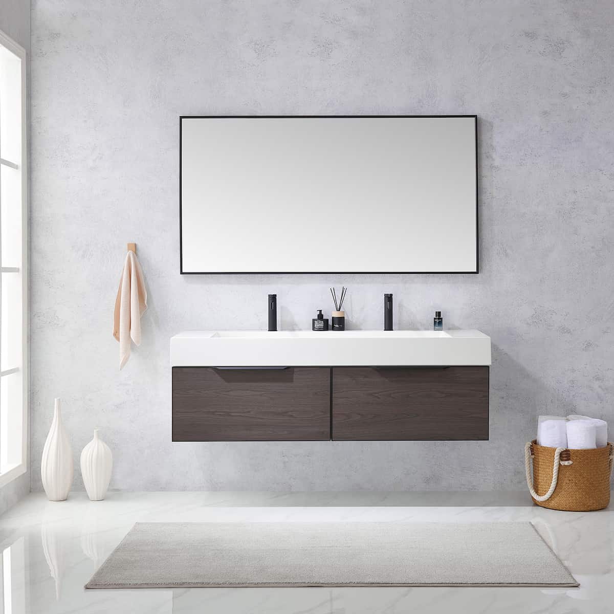 Vinnova Vegadeo 60 Inch Wall Mount Double Sink Bath Vanity in Suleiman Oak Finish with White One-Piece Composite Stone Sink Top With Mirror in Bathroom 703460-SO-WH