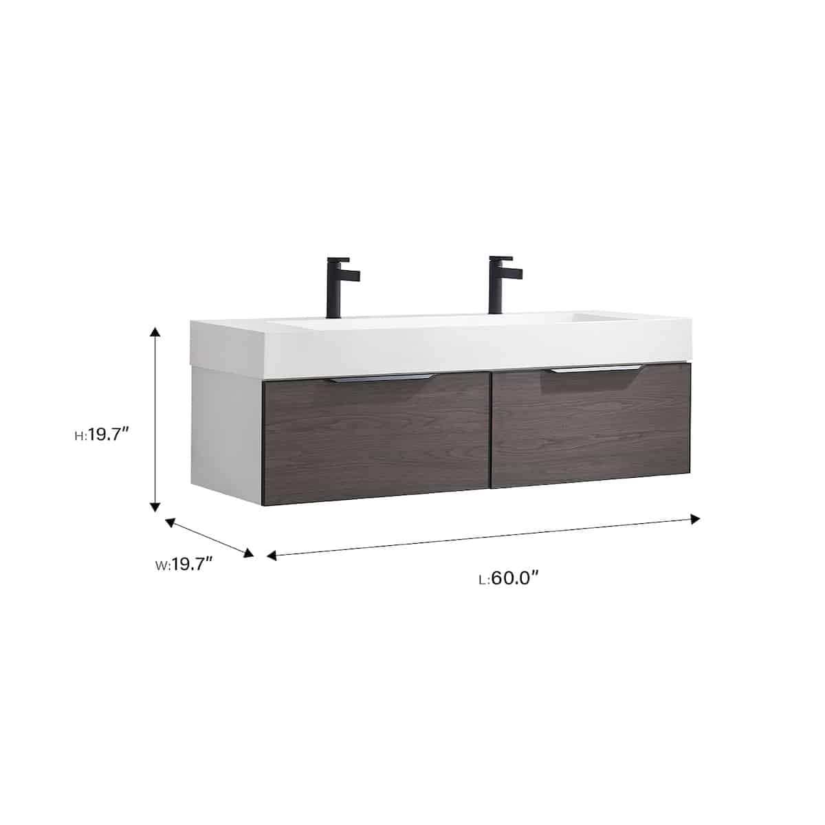 Vinnova Vegadeo 60 Inch Wall Mount Double Sink Bath Vanity in Suleiman Oak Finish with White One-Piece Composite Stone Sink Top Without Mirror Dimensions 703460-SO-WH-NM