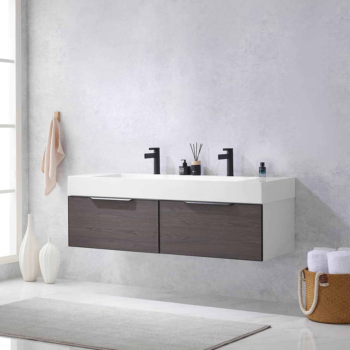 Vinnova Vegadeo 60 Inch Wall Mount Double Sink Bath Vanity in Suleiman Oak Finish with White One-Piece Composite Stone Sink Top Without Mirror Side 703460-SO-WH-NM