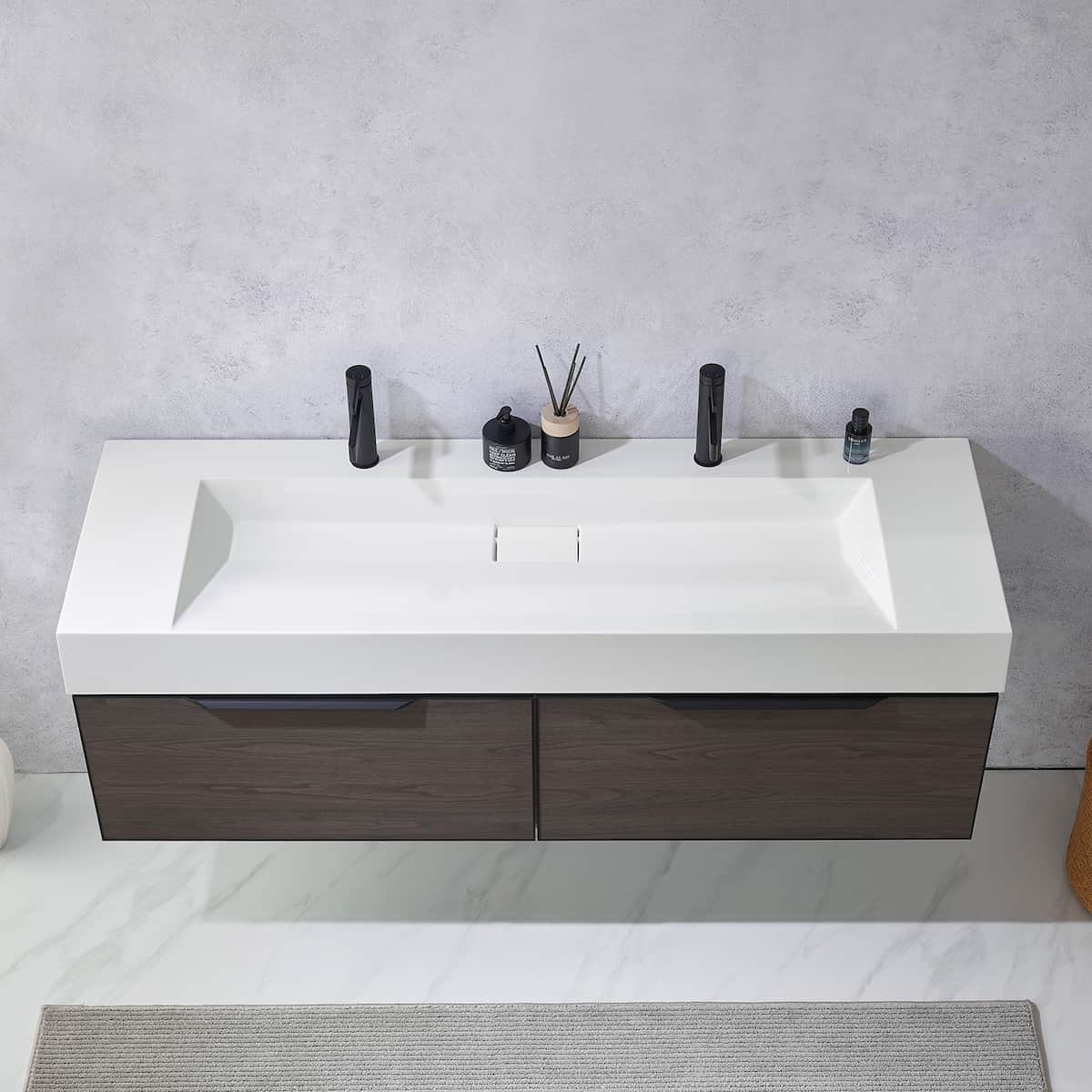 Vinnova Vegadeo 60 Inch Wall Mount Double Sink Bath Vanity in Suleiman Oak Finish with White One-Piece Composite Stone Sink Top Without Mirror Sink 703460-SO-WH-NM