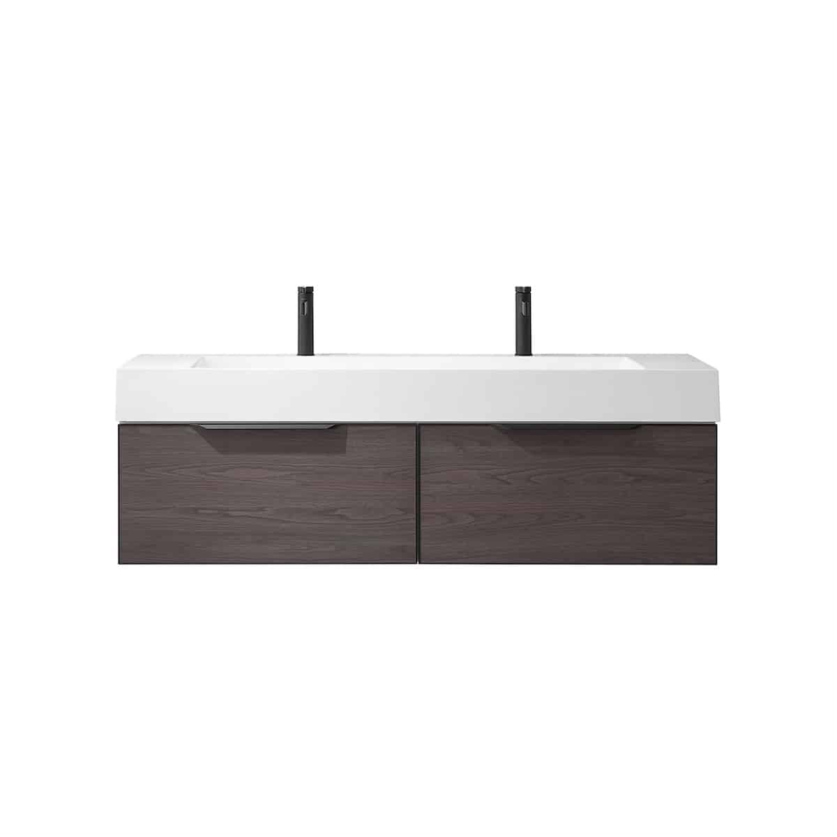 Vinnova Vegadeo 60 Inch Wall Mount Double Sink Bath Vanity in Suleiman Oak Finish with White One-Piece Composite Stone Sink Top Without Mirror 703460-SO-WH-NM