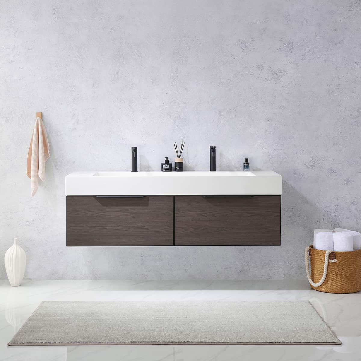 Vinnova Vegadeo 60 Inch Wall Mount Double Sink Bath Vanity in Suleiman Oak Finish with White One-Piece Composite Stone Sink Top Without Mirror in Bathroom 703460-SO-WH-NM