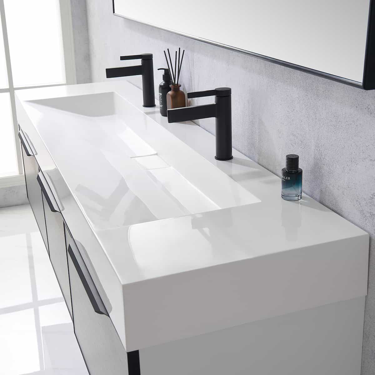 Vinnova Vegadeo 72 Inch Wall Mount Double Sink Bath Vanity in Elegant Grey Finish with White One-Piece Composite Stone Sink Top With Mirror Counter 703472-MG-WH