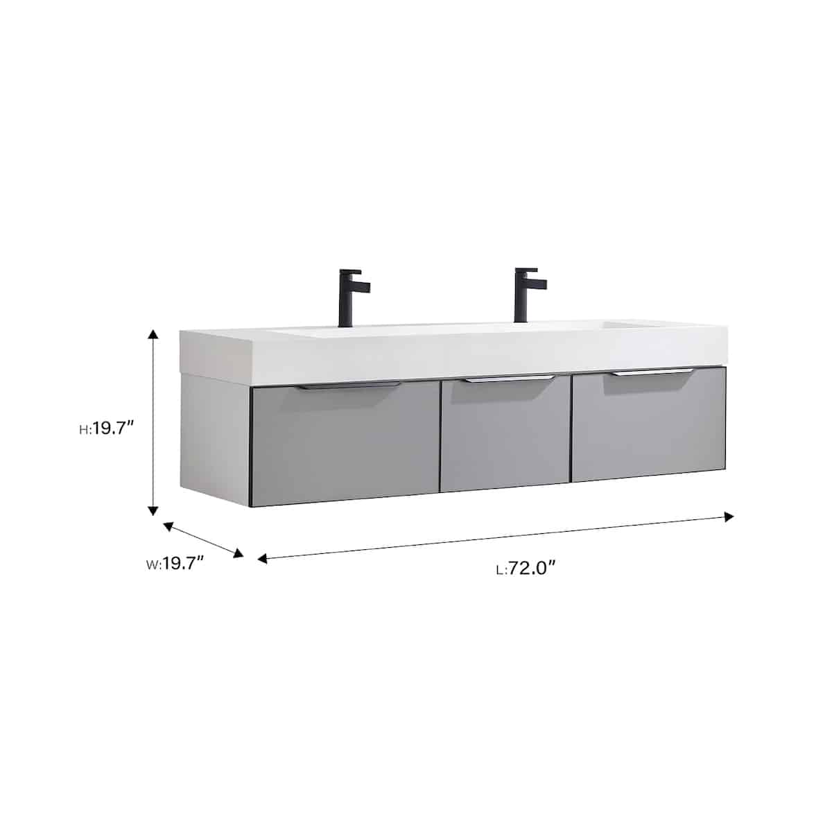 Vinnova Vegadeo 72 Inch Wall Mount Double Sink Bath Vanity in Elegant Grey Finish with White One-Piece Composite Stone Sink Top With Mirror Dimensions 703472-MG-WH