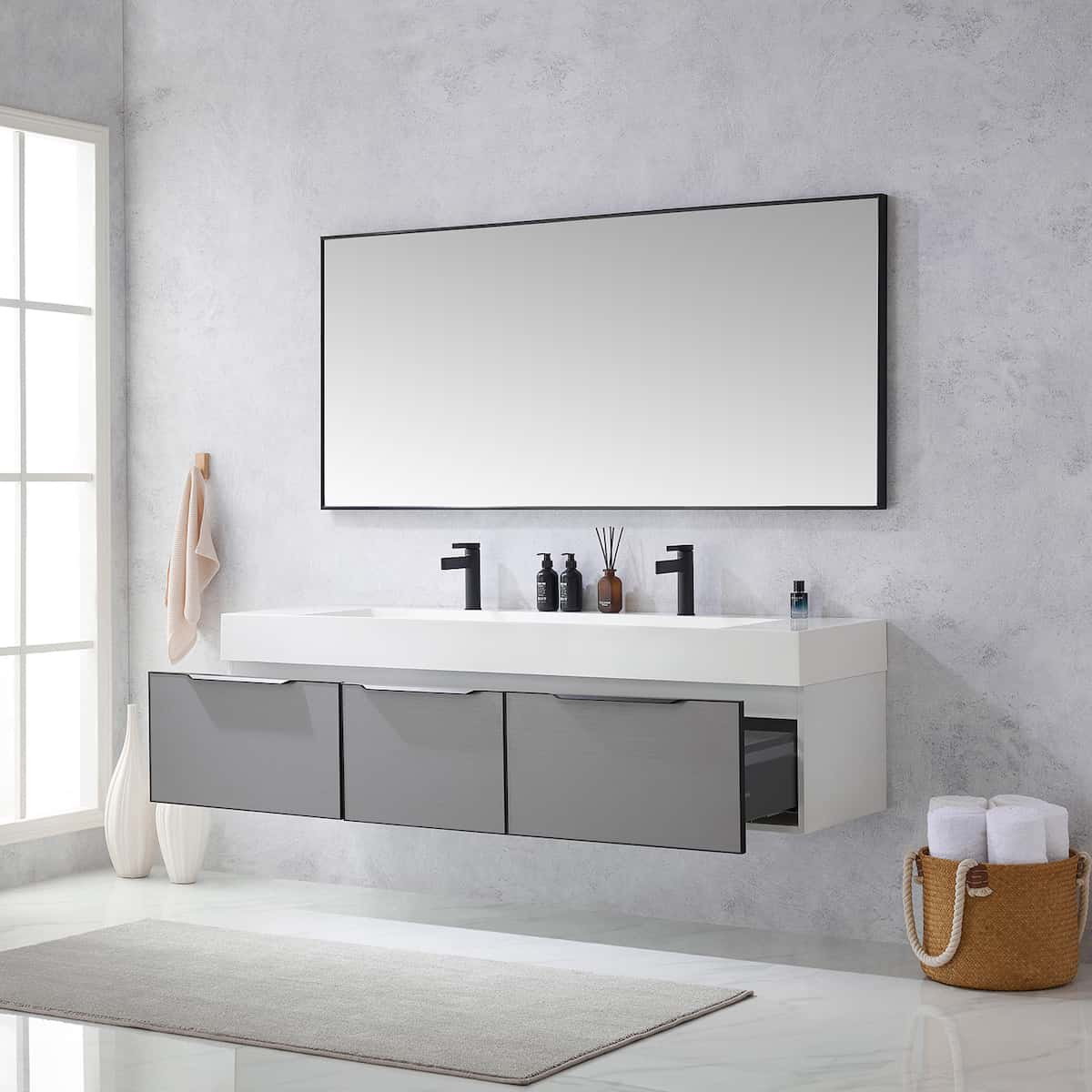 Vinnova Vegadeo 72 Inch Wall Mount Double Sink Bath Vanity in Elegant Grey Finish with White One-Piece Composite Stone Sink Top With Mirror Drawers 703472-MG-WH