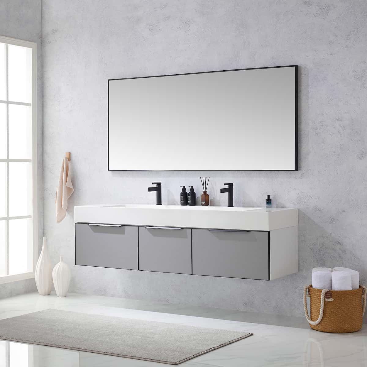 Vinnova Vegadeo 72 Inch Wall Mount Double Sink Bath Vanity in Elegant Grey Finish with White One-Piece Composite Stone Sink Top With Mirror Side 703472-MG-WH