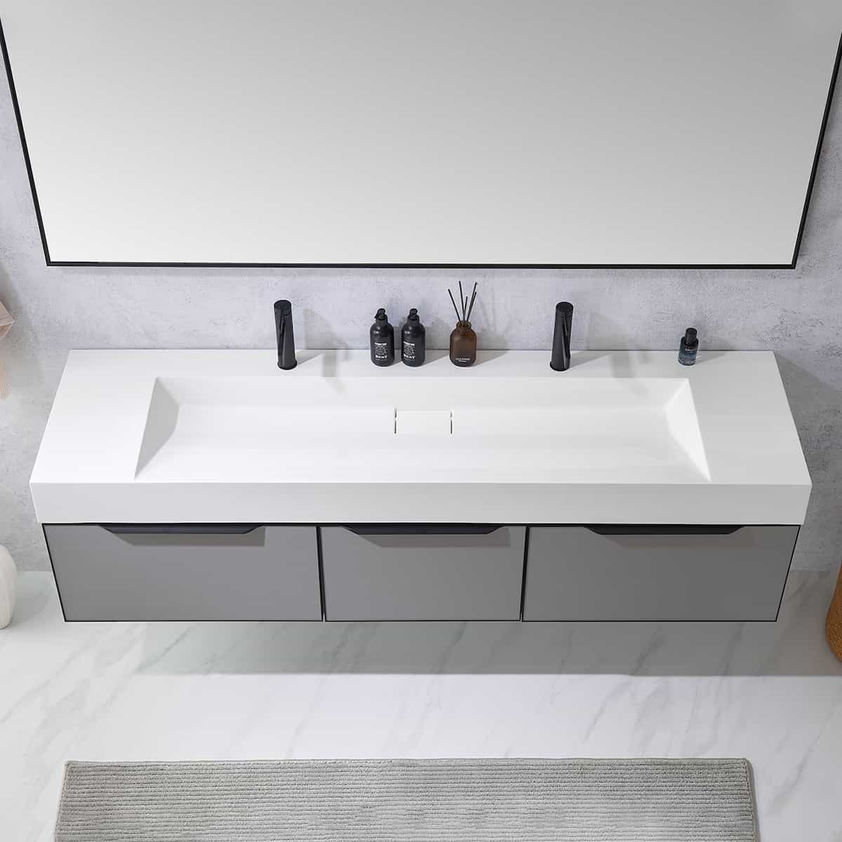 Vinnova Vegadeo 72 Inch Wall Mount Double Sink Bath Vanity in Elegant Grey Finish with White One-Piece Composite Stone Sink Top With Mirror Sink 703472-MG-WH