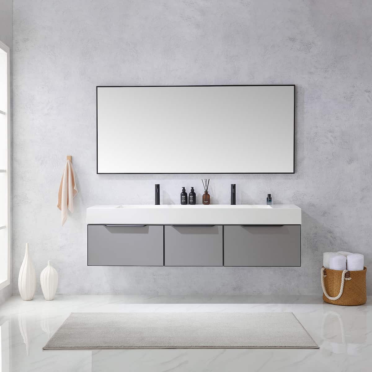 Vinnova Vegadeo 72 Inch Wall Mount Double Sink Bath Vanity in Elegant Grey Finish with White One-Piece Composite Stone Sink Top With Mirror in Bathroom 703472-MG-WH