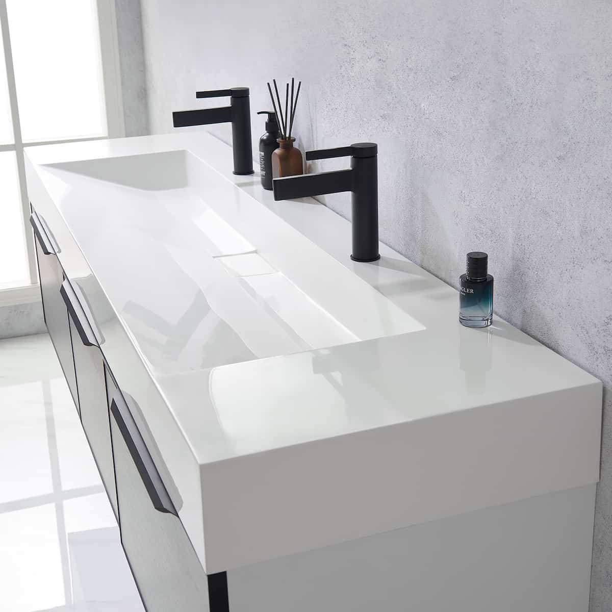 Vinnova Vegadeo 72 Inch Wall Mount Double Sink Bath Vanity in Elegant Grey Finish with White One-Piece Composite Stone Sink Top Without Mirror Counter 703472-MG-WH-NM