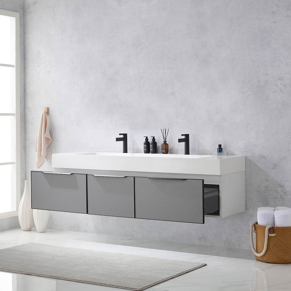 Vinnova Vegadeo 72 Inch Wall Mount Double Sink Bath Vanity in Elegant Grey Finish with White One-Piece Composite Stone Sink Top Without Mirror Drawers 703472-MG-WH-NM