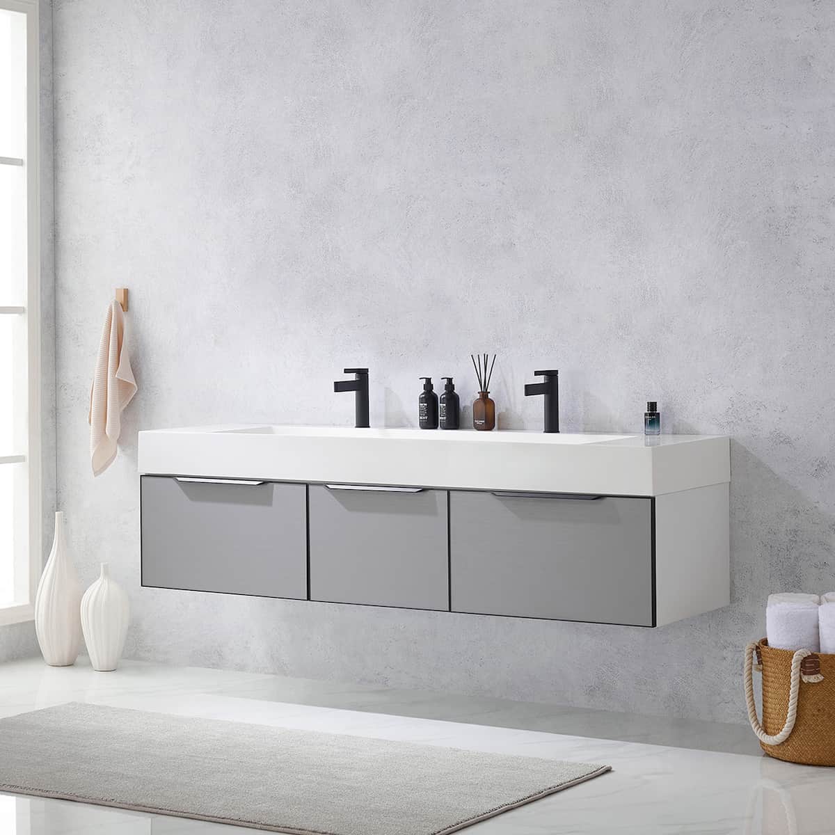 Vinnova Vegadeo 72 Inch Wall Mount Double Sink Bath Vanity in Elegant Grey Finish with White One-Piece Composite Stone Sink Top Without Mirror Side 703472-MG-WH-NM