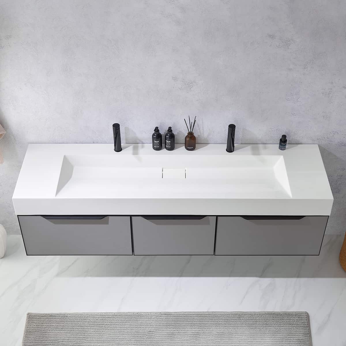 Vinnova Vegadeo 72 Inch Wall Mount Double Sink Bath Vanity in Elegant Grey Finish with White One-Piece Composite Stone Sink Top Without Mirror Sink 703472-MG-WH-NM