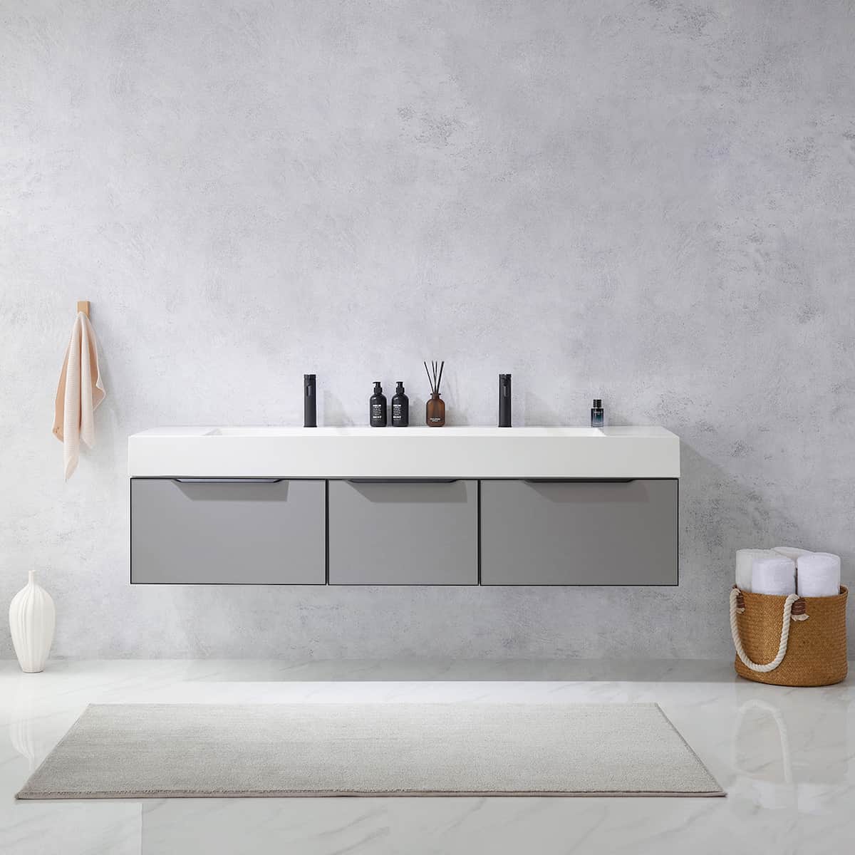 Vinnova Vegadeo 72 Inch Wall Mount Double Sink Bath Vanity in Elegant Grey Finish with White One-Piece Composite Stone Sink Top Without Mirror in Bathroom 703472-MG-WH-NM