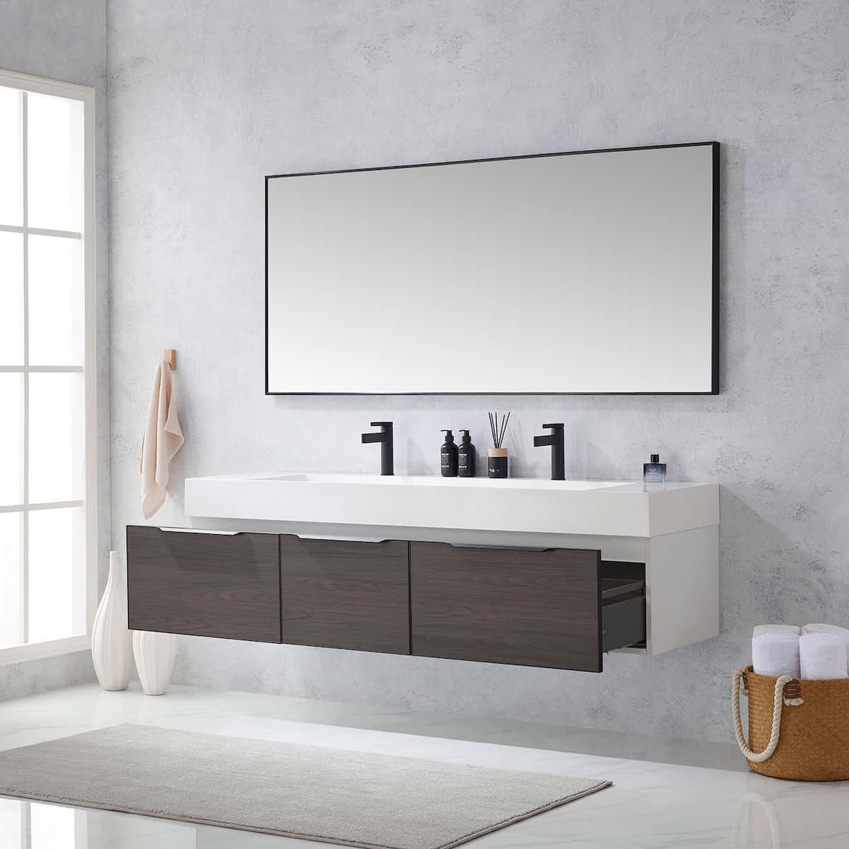 Vinnova Vegadeo 72 Inch Wall Mount Double Sink Bath Vanity in Suleiman Oak Finish with White One-Piece Composite Stone Sink Top With Mirror Drawers 703472-SO-WH