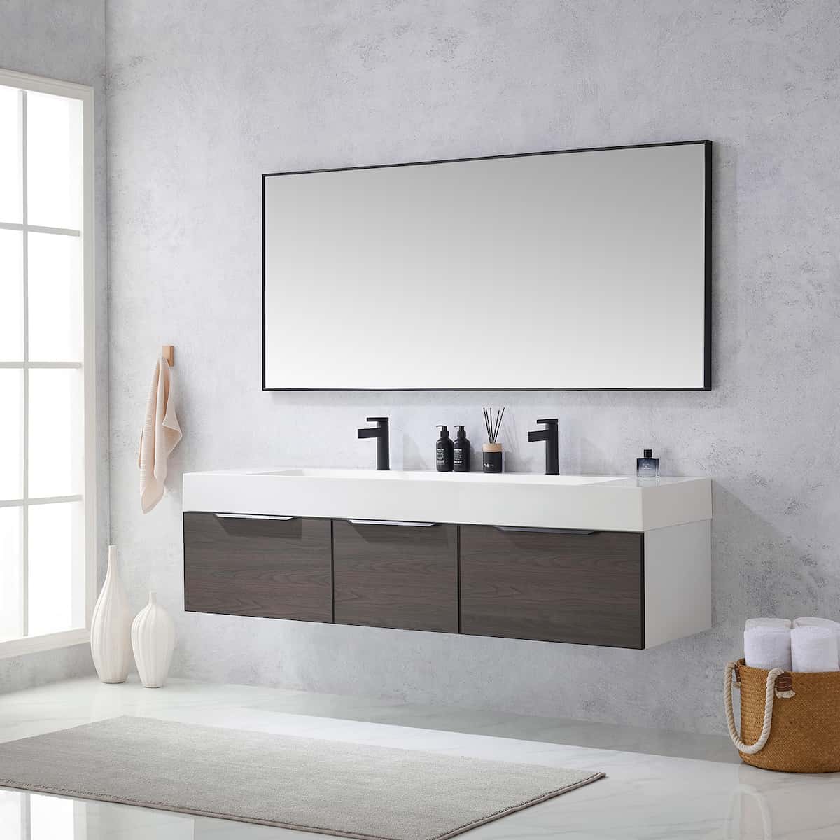 Vinnova Vegadeo 72 Inch Wall Mount Double Sink Bath Vanity in Suleiman Oak Finish with White One-Piece Composite Stone Sink Top With Mirror Side 703472-SO-WH