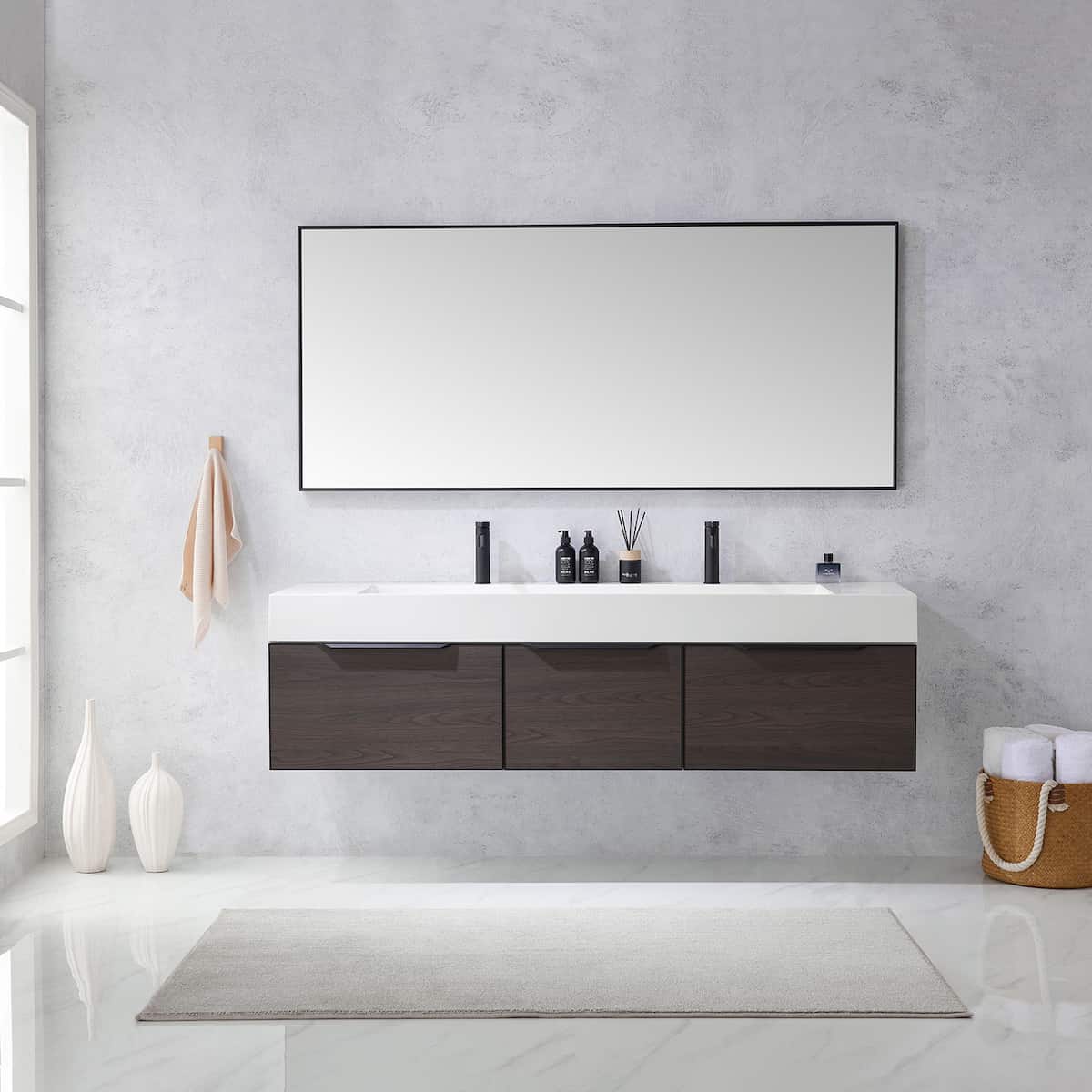 Vinnova Vegadeo 72 Inch Wall Mount Double Sink Bath Vanity in Suleiman Oak Finish with White One-Piece Composite Stone Sink Top With Mirror in Bathroom 703472-SO-WH