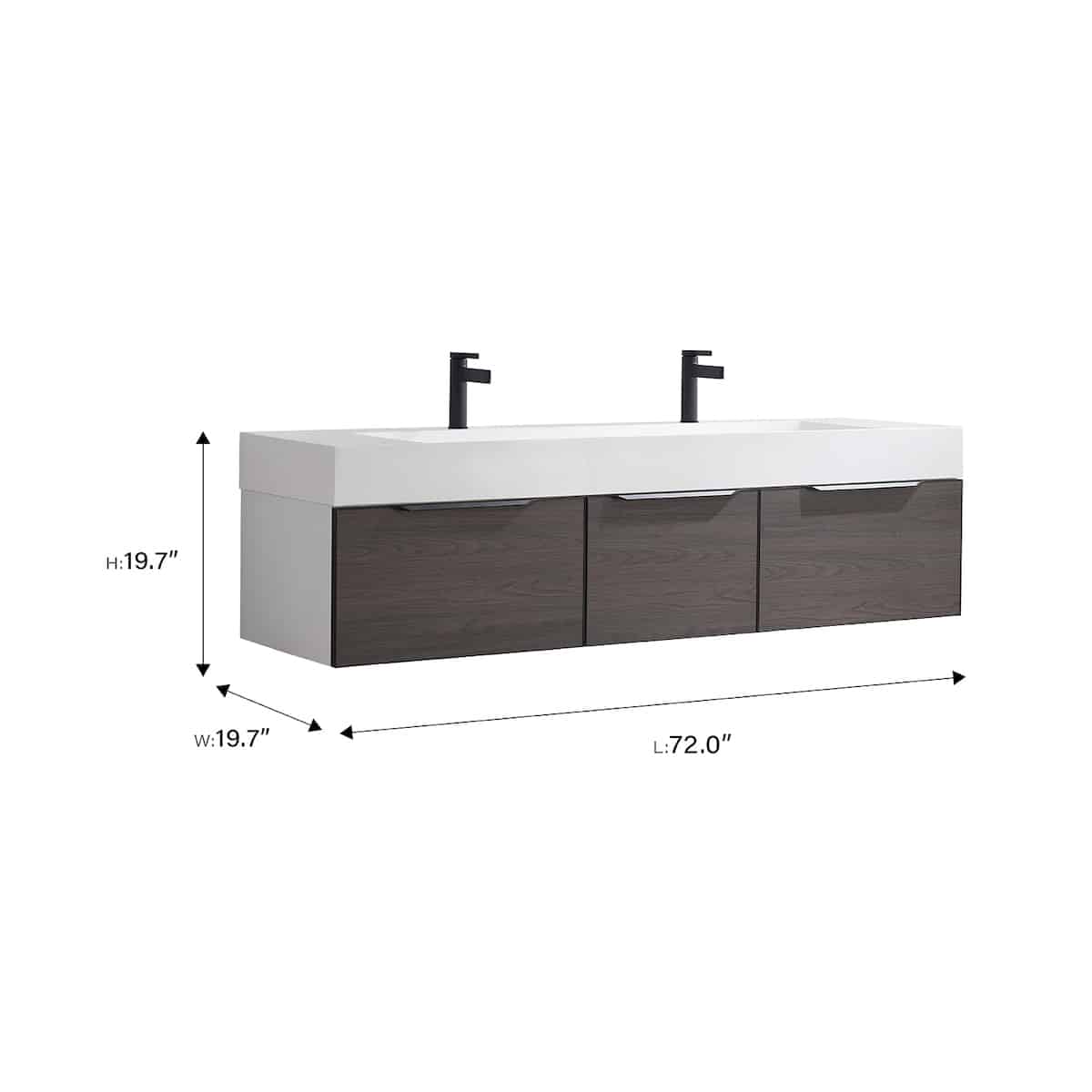 Vinnova Vegadeo 72 Inch Wall Mount Double Sink Bath Vanity in Suleiman Oak Finish with White One-Piece Composite Stone Sink Top Without Mirror Dimensions 703472-SO-WH-NM