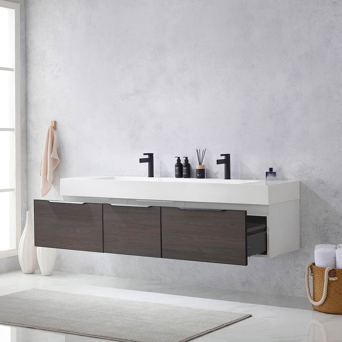 Vinnova Vegadeo 72 Inch Wall Mount Double Sink Bath Vanity in Suleiman Oak Finish with White One-Piece Composite Stone Sink Top Without Mirror Drawers 703472-SO-WH-NM