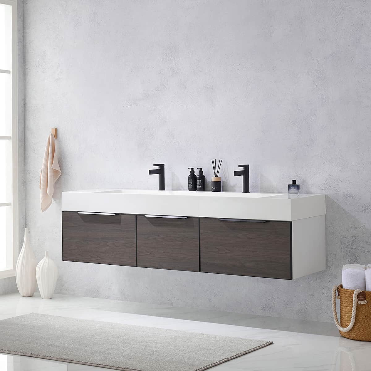 Vinnova Vegadeo 72 Inch Wall Mount Double Sink Bath Vanity in Suleiman Oak Finish with White One-Piece Composite Stone Sink Top Without Mirror Side 703472-SO-WH-NM