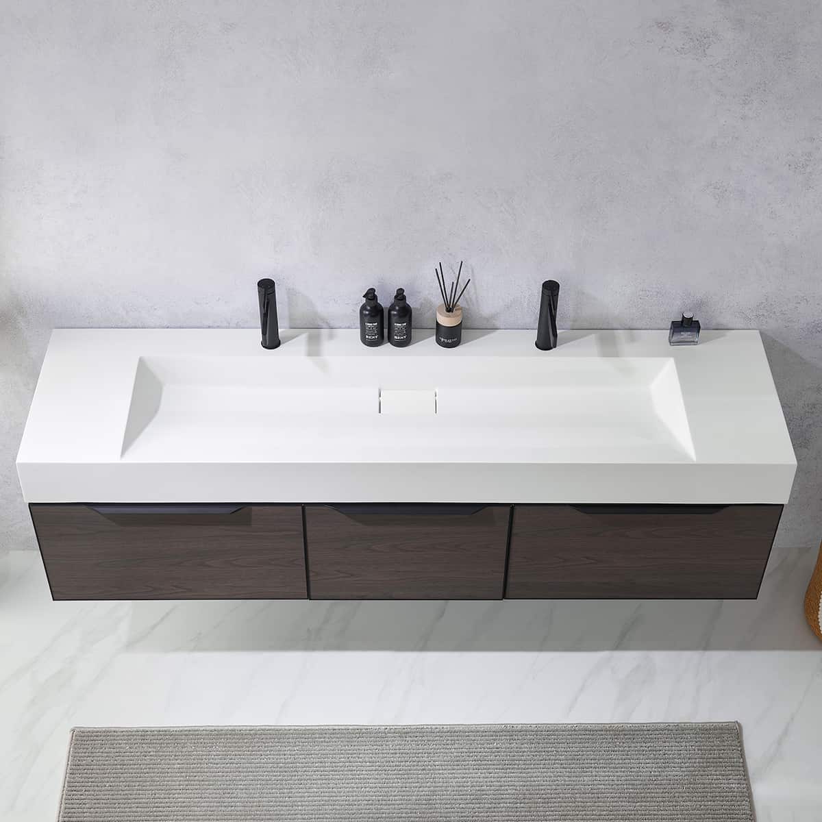 Vinnova Vegadeo 72 Inch Wall Mount Double Sink Bath Vanity in Suleiman Oak Finish with White One-Piece Composite Stone Sink Top Without Mirror Sink 703472-SO-WH-NM