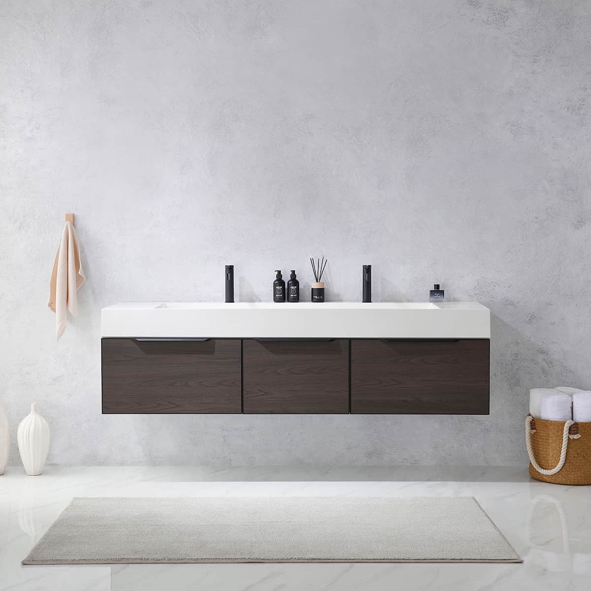Vinnova Vegadeo 72 Inch Wall Mount Double Sink Bath Vanity in Suleiman Oak Finish with White One-Piece Composite Stone Sink Top Without Mirror in Bathroom 703472-SO-WH-NM