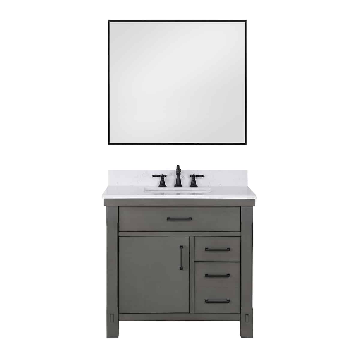 Vinnova Viella 36 Inch Freestanding Single Sink Bath Vanity in Rust Grey Finish with White Composite Countertop With Mirror 701836-RU-WS