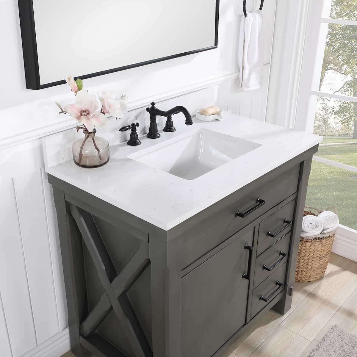 Vinnova Viella 36 Inch Freestanding Single Sink Bath Vanity in Rust Grey Finish with White Composite Countertop With Mirror Counter Top 701836-RU-WS
