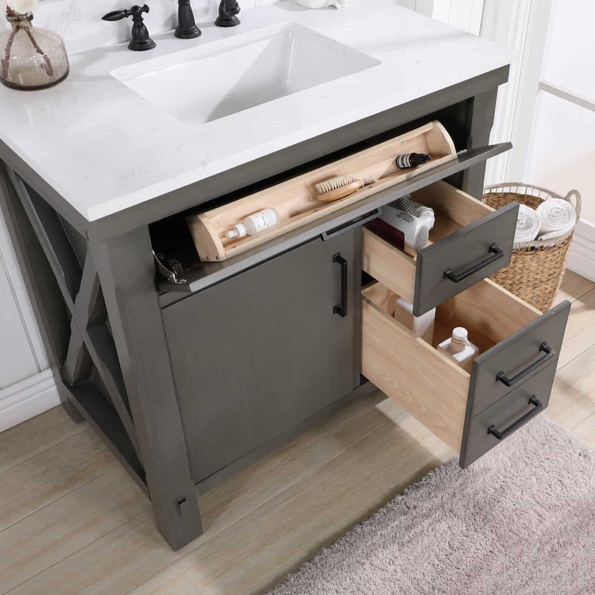 Vinnova Viella 36 Inch Freestanding Single Sink Bath Vanity in Rust Grey Finish with White Composite Countertop With Mirror Drawers 701836-RU-WS