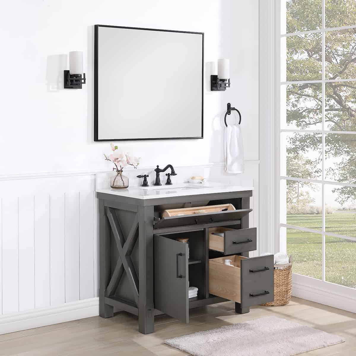 Vinnova Viella 36 Inch Freestanding Single Sink Bath Vanity in Rust Grey Finish with White Composite Countertop With Mirror Inside 701836-RU-WS