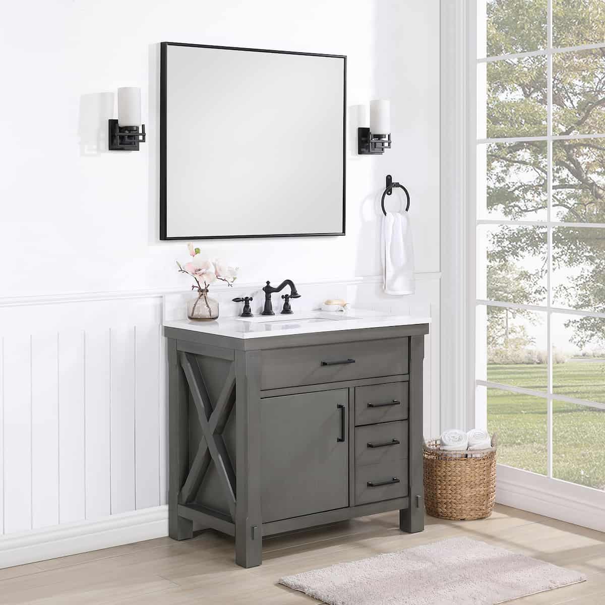 Vinnova Viella 36 Inch Freestanding Single Sink Bath Vanity in Rust Grey Finish with White Composite Countertop With Mirror Side 701836-RU-WS