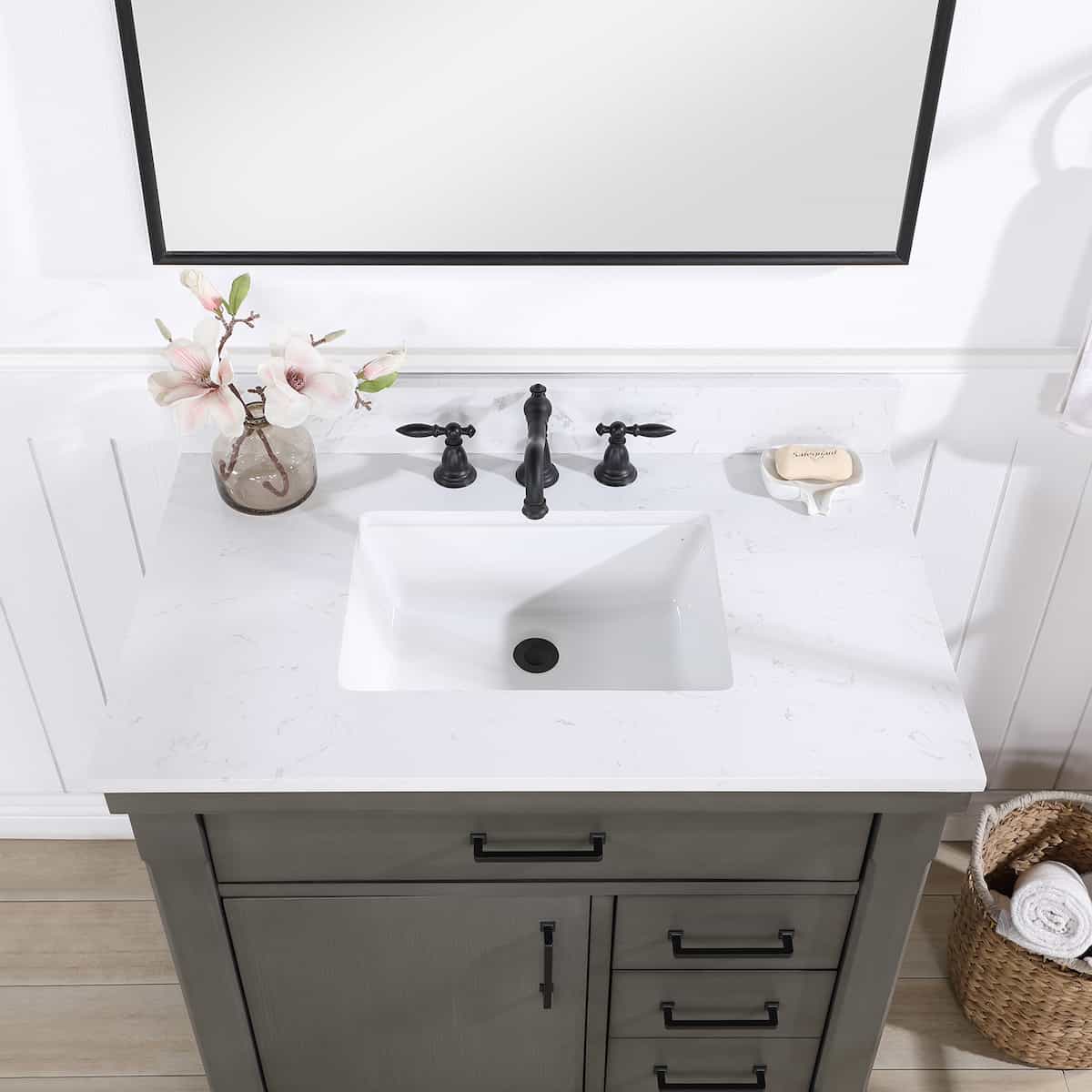 Vinnova Viella 36 Inch Freestanding Single Sink Bath Vanity in Rust Grey Finish with White Composite Countertop With Mirror Sink 701836-RU-WS