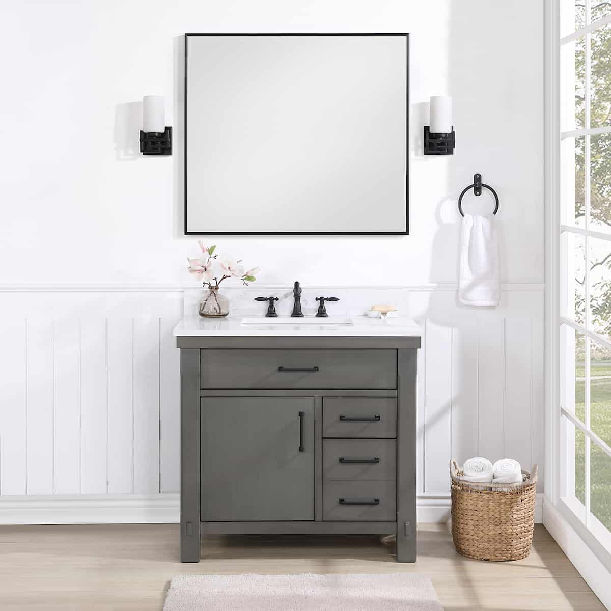 Vinnova Viella 36 Inch Freestanding Single Sink Bath Vanity in Rust Grey Finish with White Composite Countertop With Mirror in Bathroom 701836-RU-WS
