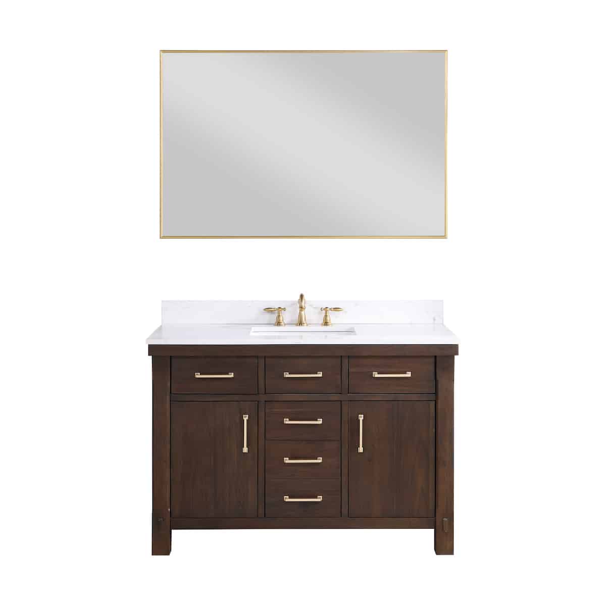 Vinnova Viella 48 Inch Freestanding Single Sink Bath Vanity in Deep Walnut Finish with White Composite Countertop With Mirror 701848-DW-WS