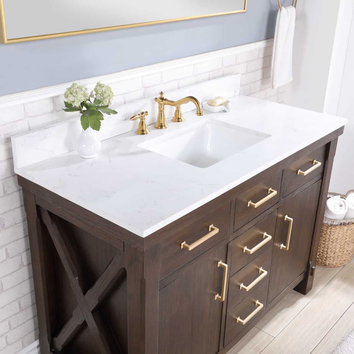 Vinnova Viella 48 Inch Freestanding Single Sink Bath Vanity in Deep Walnut Finish with White Composite Countertop With Mirror Counter Top 701848-DW-WS