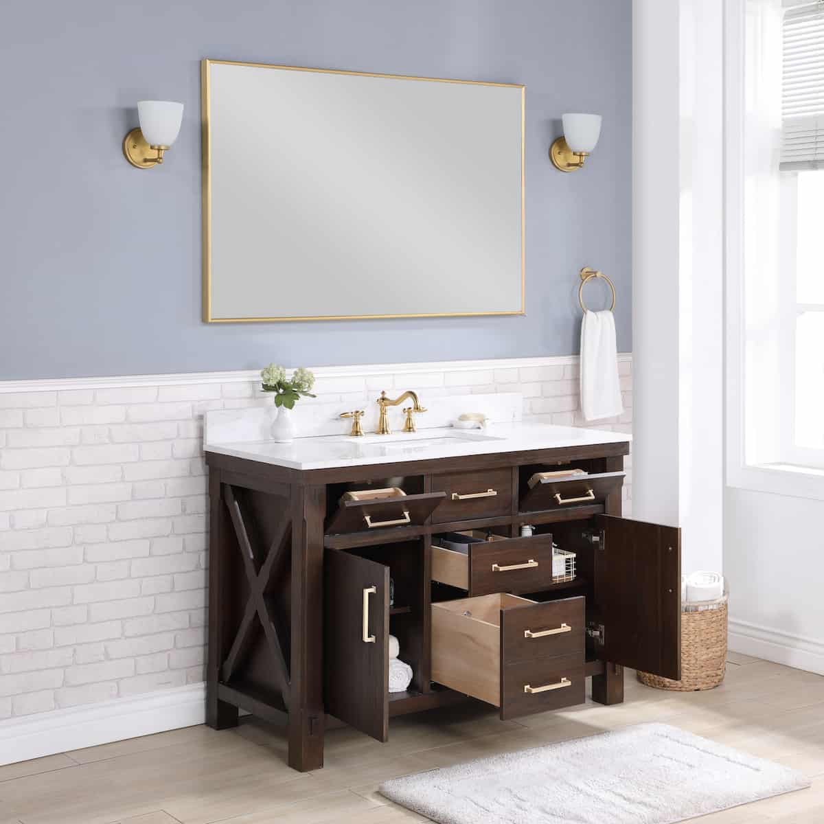 Vinnova Viella 48 Inch Freestanding Single Sink Bath Vanity in Deep Walnut Finish with White Composite Countertop With Mirror Inside 701848-DW-WS