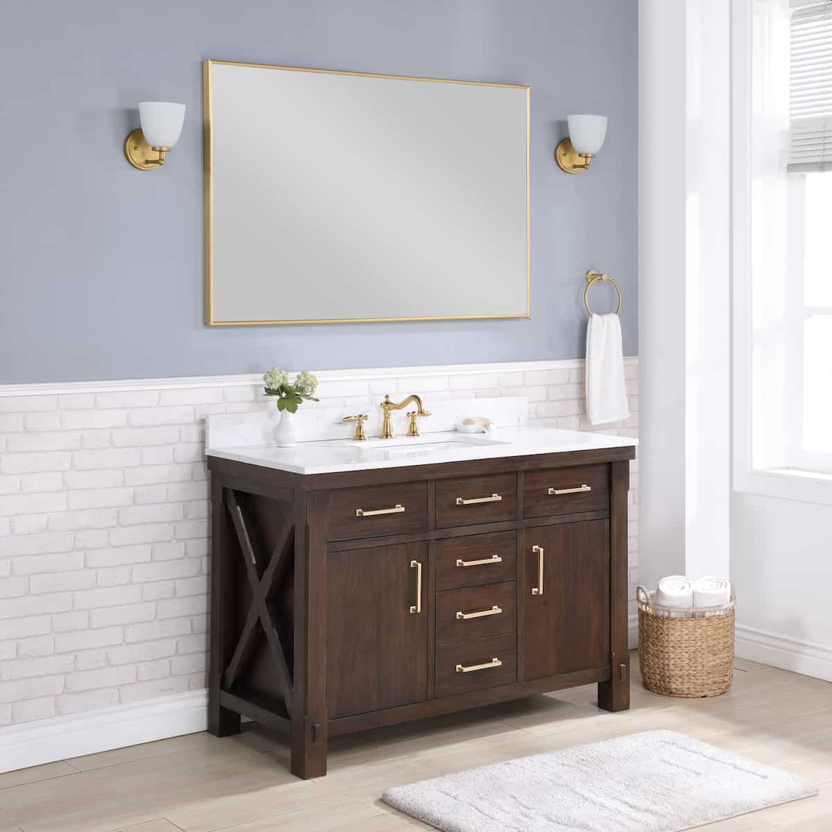 Vinnova Viella 48 Inch Freestanding Single Sink Bath Vanity in Deep Walnut Finish with White Composite Countertop With Mirror Side 701848-DW-WS