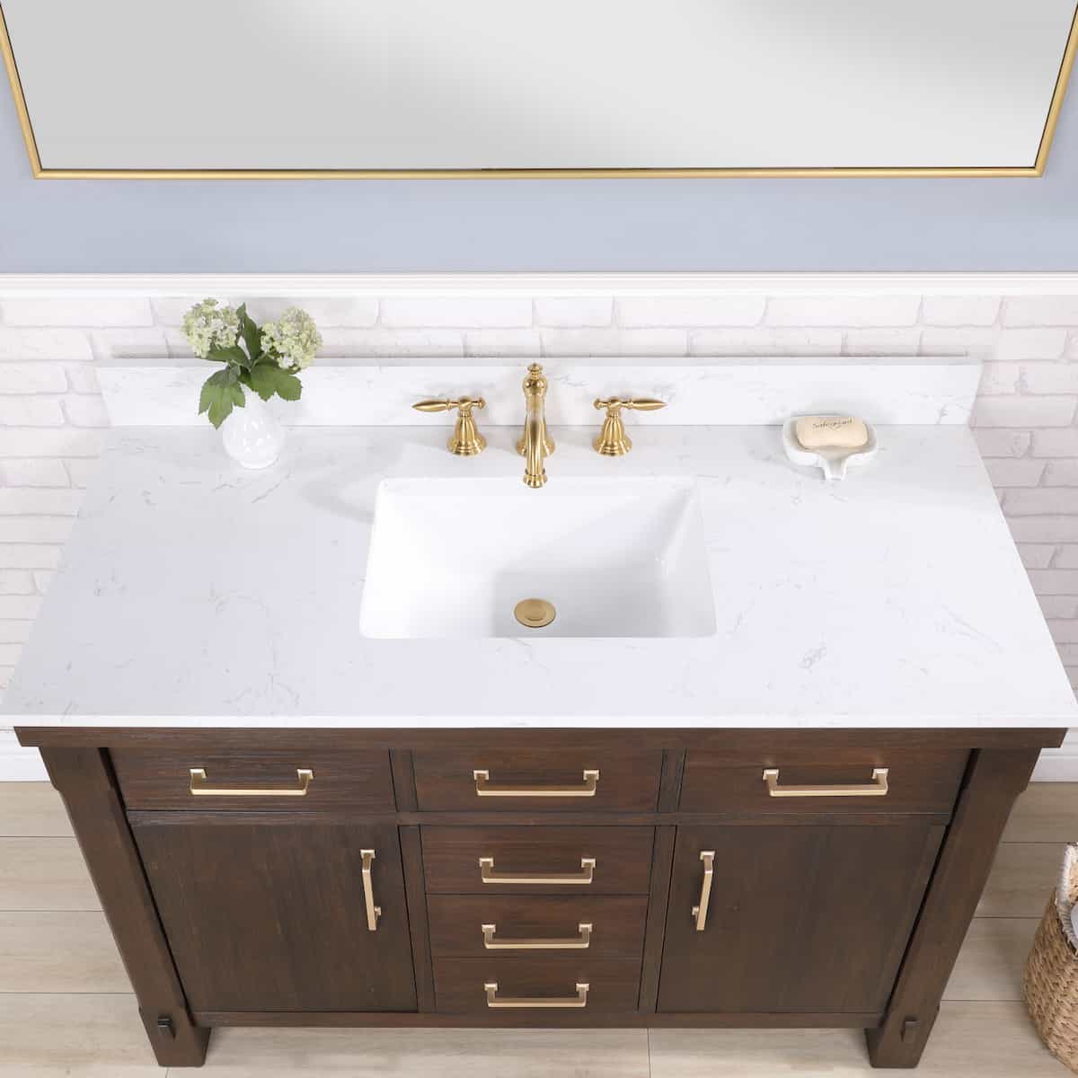 Vinnova Viella 48 Inch Freestanding Single Sink Bath Vanity in Deep Walnut Finish with White Composite Countertop With Mirror Sink 701848-DW-WS