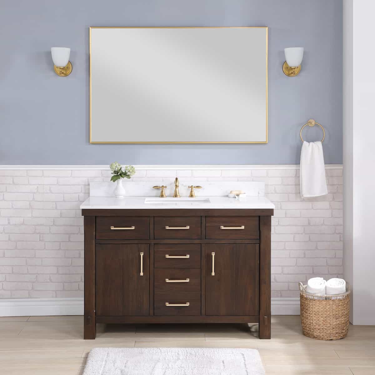 Vinnova Viella 48 Inch Freestanding Single Sink Bath Vanity in Deep Walnut Finish with White Composite Countertop With Mirror in Bathroom 701848-DW-WS