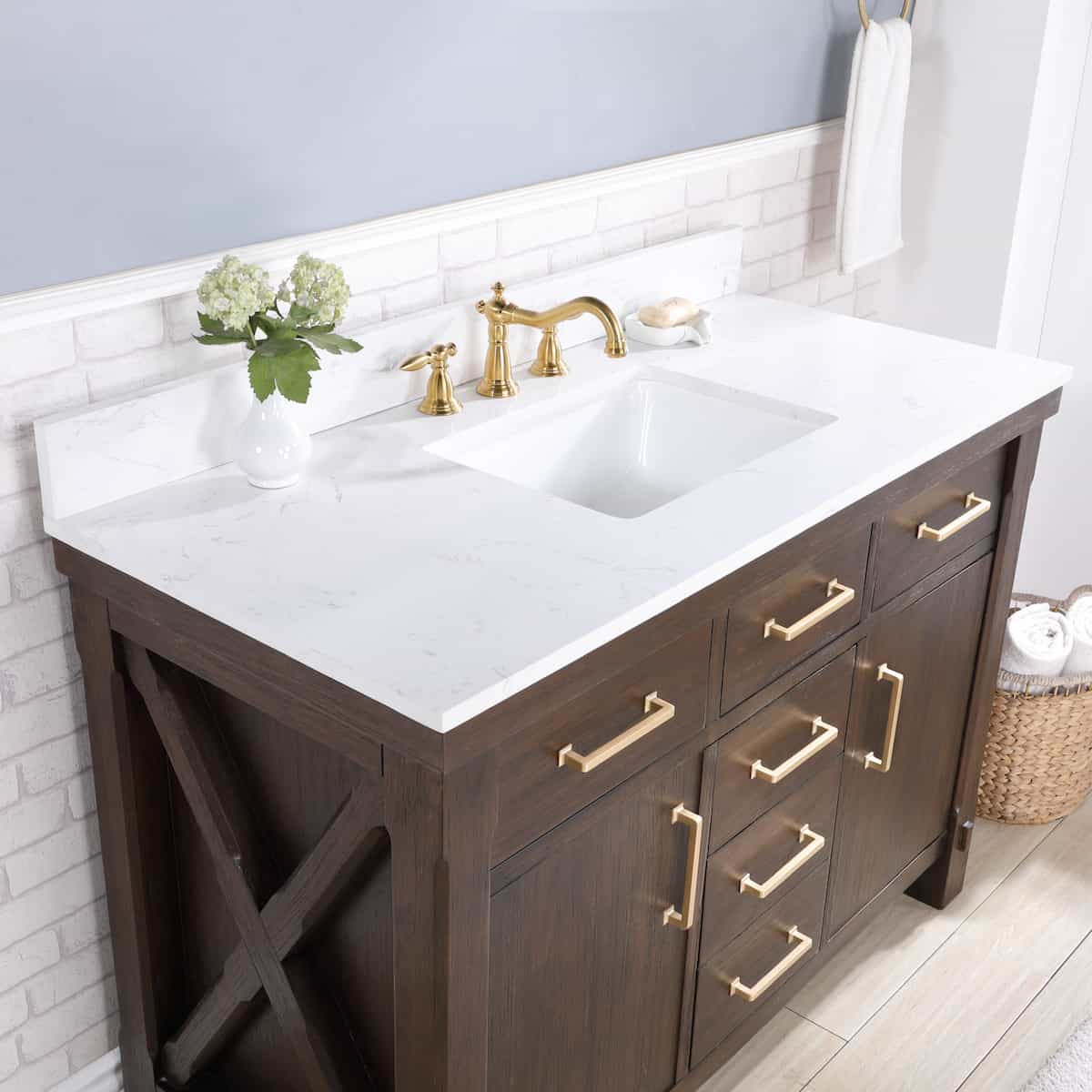 Vinnova Viella 48 Inch Freestanding Single Sink Bath Vanity in Deep Walnut Finish with White Composite Countertop Without Mirror Counter Top 701848-DW-WS-NM