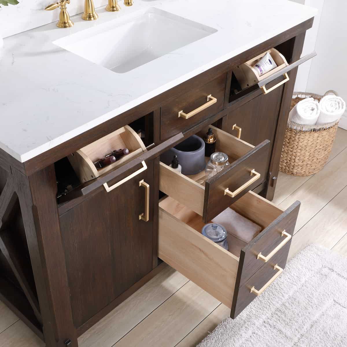 Vinnova Viella 48 Inch Freestanding Single Sink Bath Vanity in Deep Walnut Finish with White Composite Countertop Without Mirror Drawers 701848-DW-WS-NM