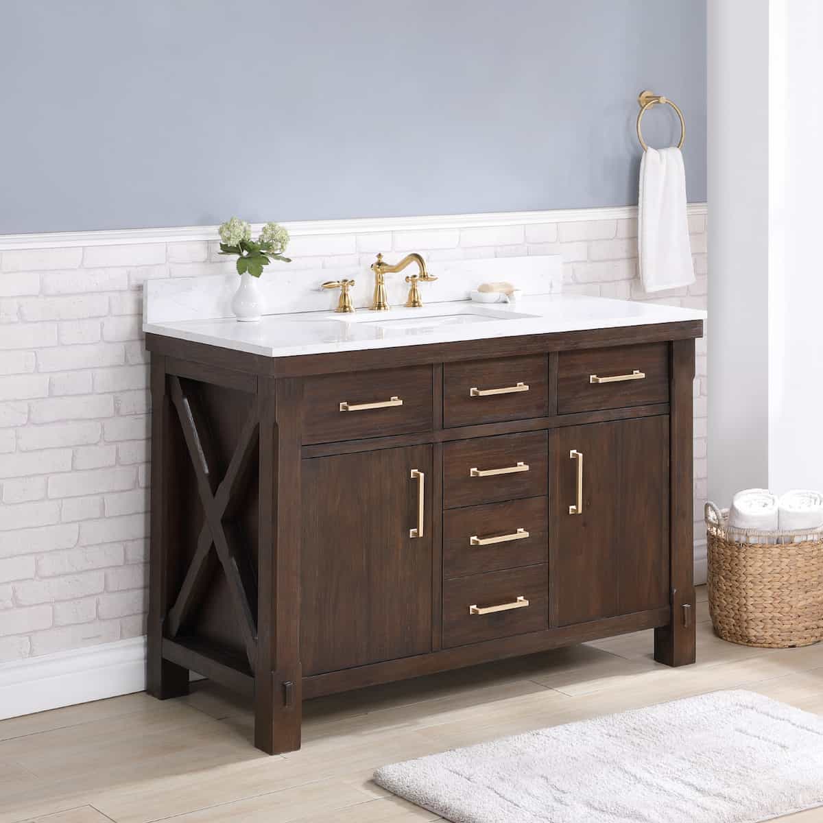 Vinnova Viella 48 Inch Freestanding Single Sink Bath Vanity in Deep Walnut Finish with White Composite Countertop Without Mirror Side 701848-DW-WS-NM