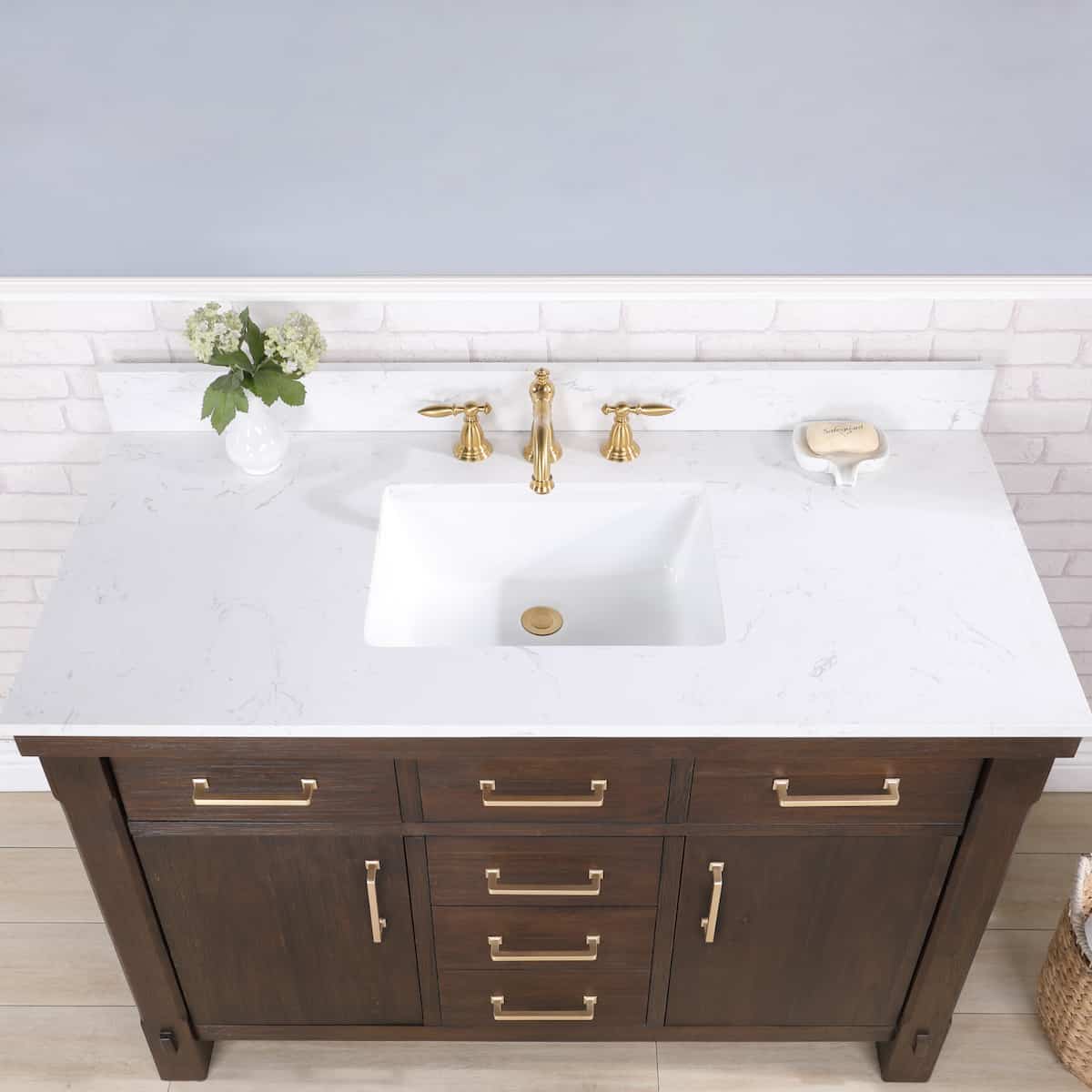 Vinnova Viella 48 Inch Freestanding Single Sink Bath Vanity in Deep Walnut Finish with White Composite Countertop Without Mirror Sink 701848-DW-WS-NM