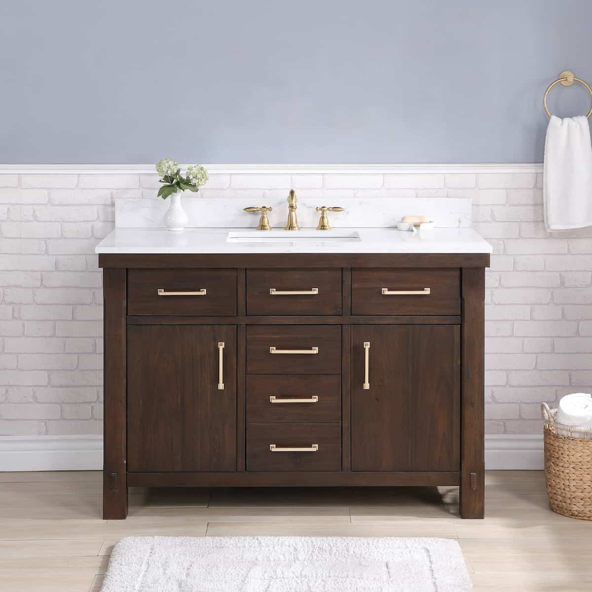 Vinnova Viella 48 Inch Freestanding Single Sink Bath Vanity in Deep Walnut Finish with White Composite Countertop Without Mirror in Bathroom 701848-DW-WS-NM