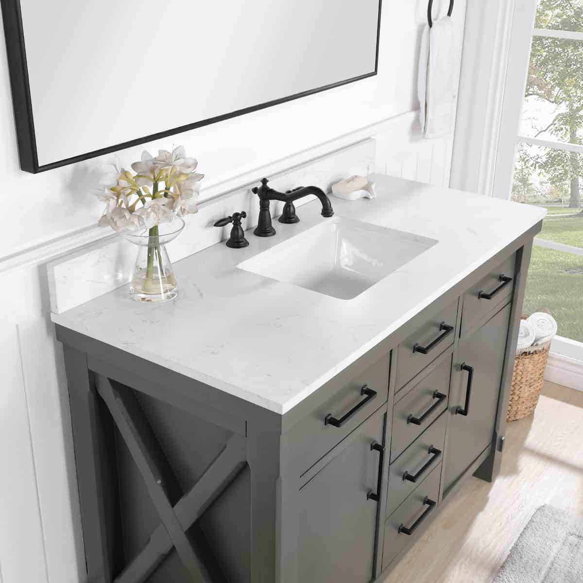 Vinnova Viella 48 Inch Freestanding Single Sink Bath Vanity in Rust Grey Finish with White Composite Countertop With Mirror Counter Top 701848-RU-WS