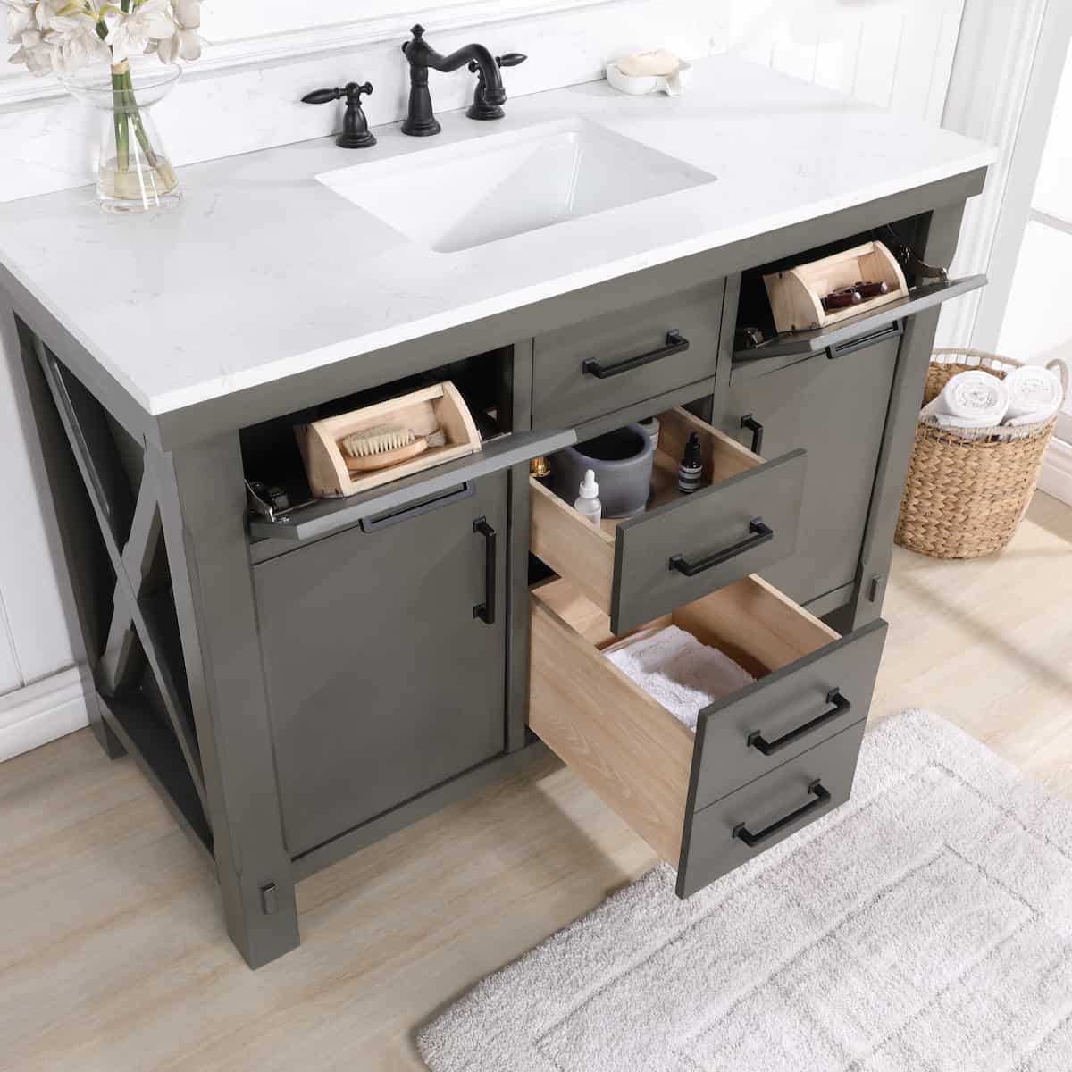 Vinnova Viella 48 Inch Freestanding Single Sink Bath Vanity in Rust Grey Finish with White Composite Countertop With Mirror Drawers 701848-RU-WS
