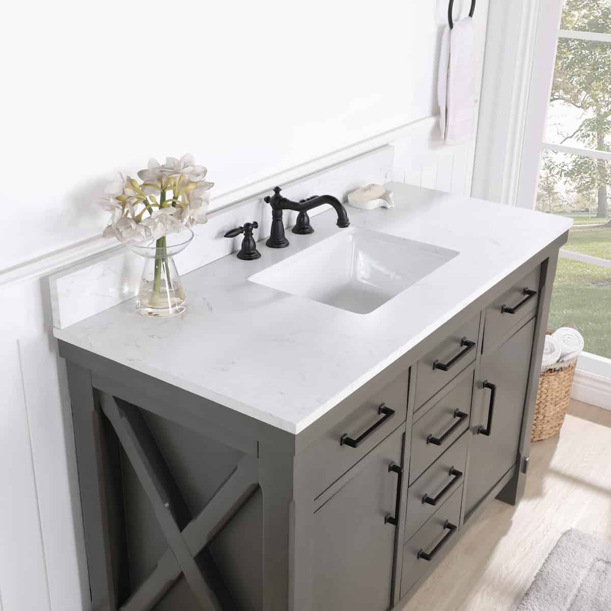 Vinnova Viella 48 Inch Freestanding Single Sink Bath Vanity in Rust Grey Finish with White Composite Countertop Without Mirror Counter 701848-RU-WS-NM