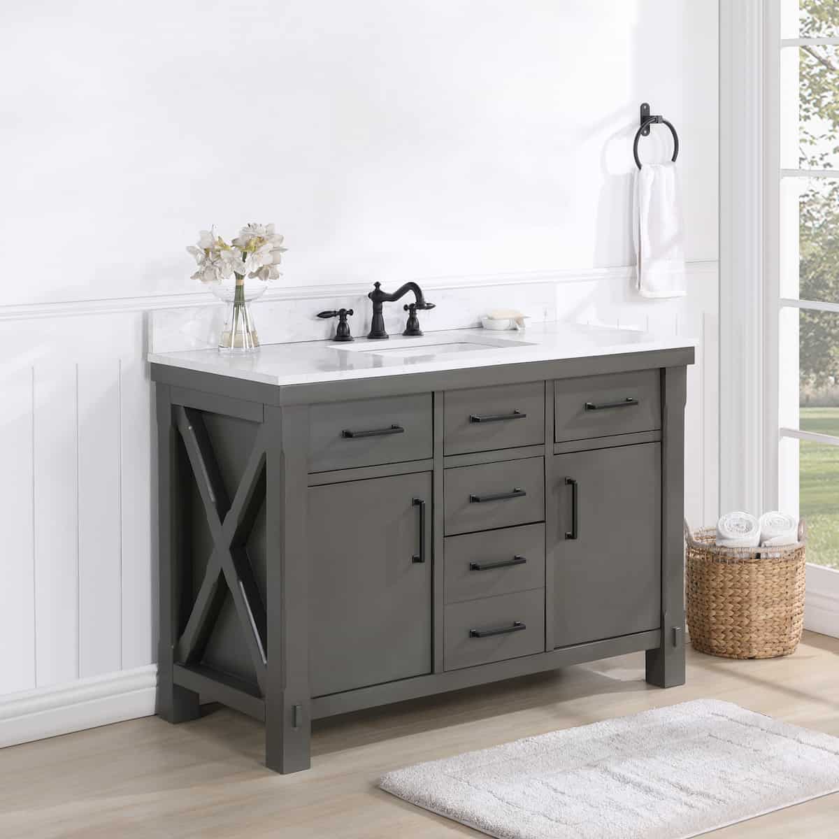 Vinnova Viella 48 Inch Freestanding Single Sink Bath Vanity in Rust Grey Finish with White Composite Countertop Without Mirror Side 701848-RU-WS-NM