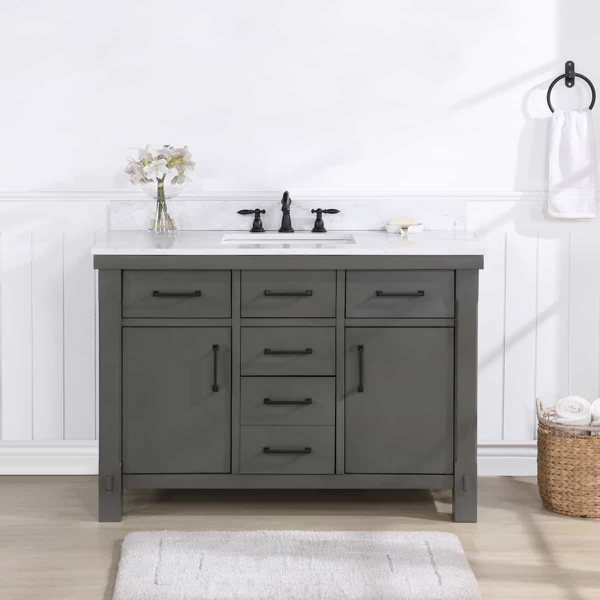 Vinnova Viella 48 Inch Freestanding Single Sink Bath Vanity in Rust Grey Finish with White Composite Countertop Without Mirror in Bathroom 701848-RU-WS-NM