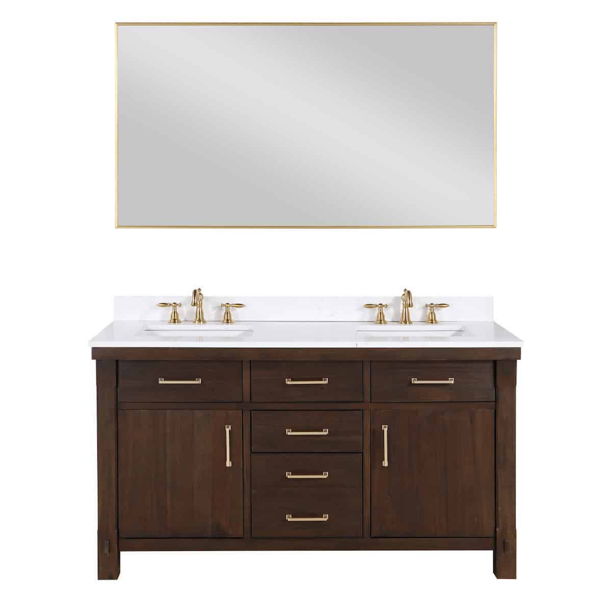 Vinnova Viella 60 Inch Double Sink Bath Vanity in Deep Walnut with White Composite Countertop With Mirror 701860-DW-WS