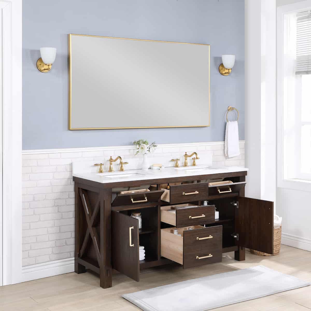 Vinnova Viella 60 Inch Double Sink Bath Vanity in Deep Walnut with White Composite Countertop With Mirror Inside 701860-DW-WS